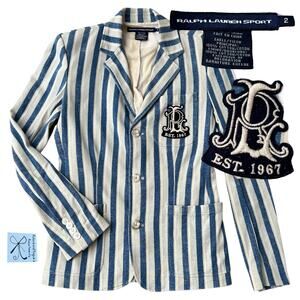 Ralph Lauren Sport Striped Cotton RL 67 Crest Blazer Sz 2